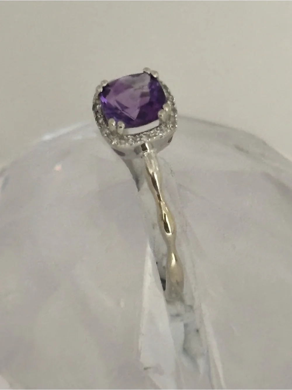 14 k white gold Cushion-Cut Purple Amethyst & Diamond Halo Ring